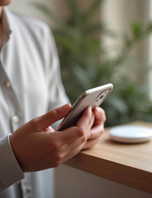 Persona che configura un hub smart home tramite smartphone in un salotto moderno